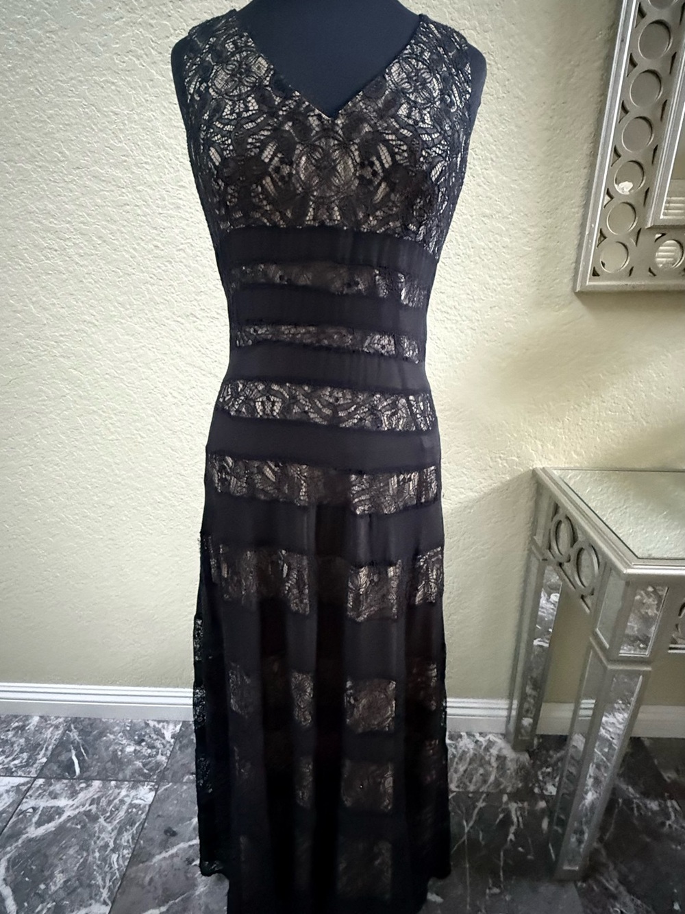 Anne Klein Black Lace V-Neck Maxi Dress with Sheer Panels
